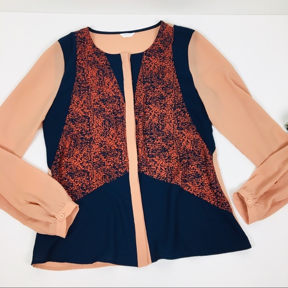 Esley Orange Navy Apricot button up blouse - Picture 6 of 8